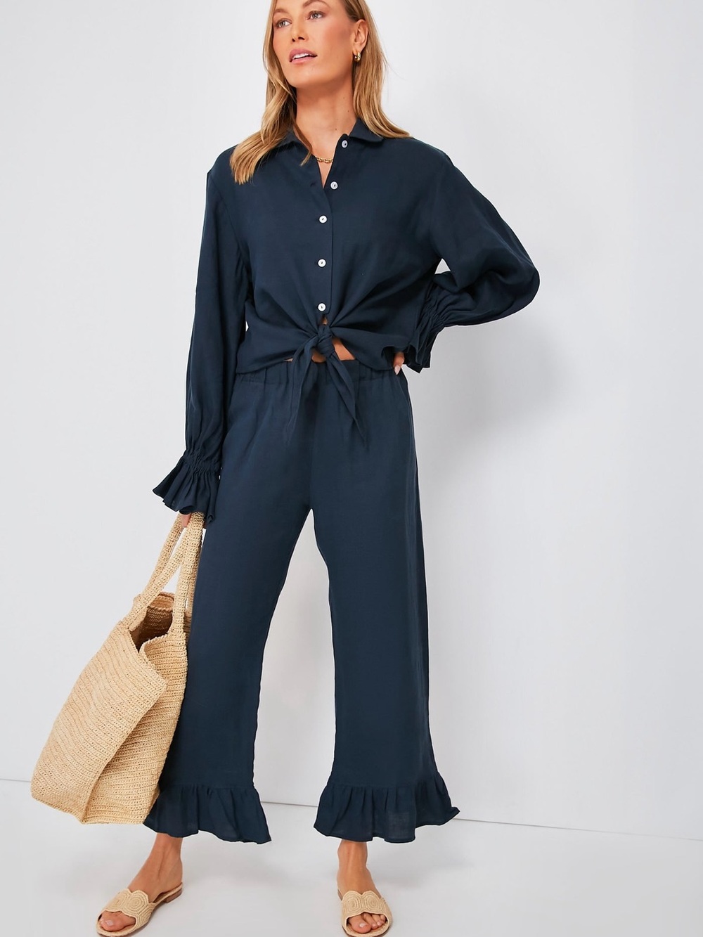 SLEEPER Navy Blue Rumba Linen Lounge Suit Set Size Small